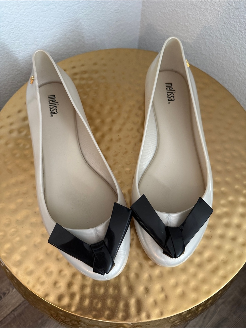 Melissa Pearl White Ballet Flats with Black Geometric Bow